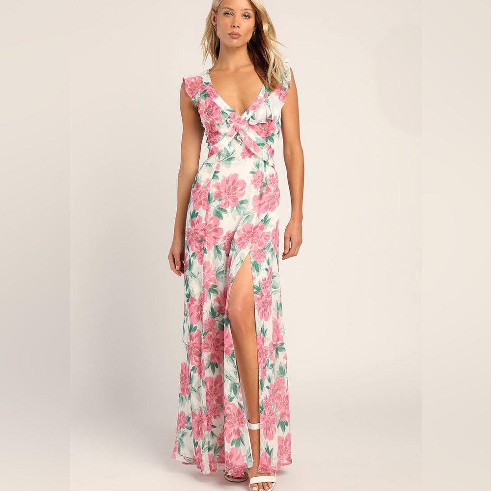 Lulus Sensational Spring White Floral Print Ruffled Maxi Dress